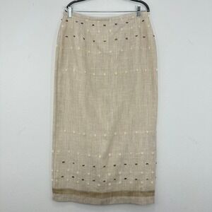 Bianca Nygaard‎ Linen Blend Skirt Beige Brown Embellished Midi Lagenlook Size 16